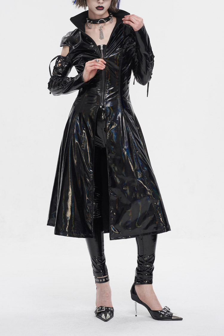 Black Lace Up Mesh Splice Patent Leather Long Women's Punk Coat - Black - 1
