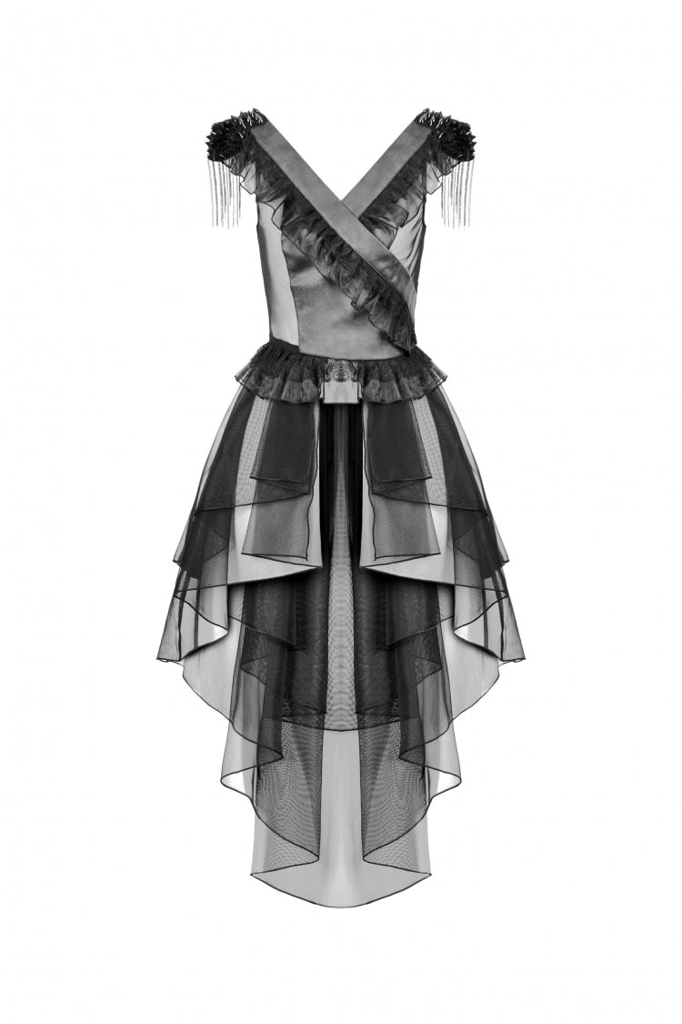 Black V Collar Sleeveless Multi-Layered Ruffled Sheer Mesh Women's Punk Dress - Product - 3