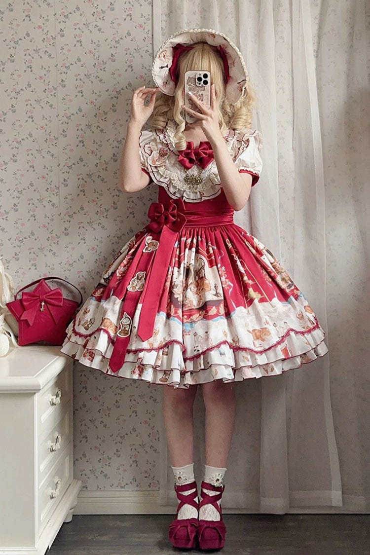 Red [The Tale of a Curious Cat] Round Collar Short Sleeves Double-Layered Printed Ruffled Bow Sweet Lolita Dress - Red - 1