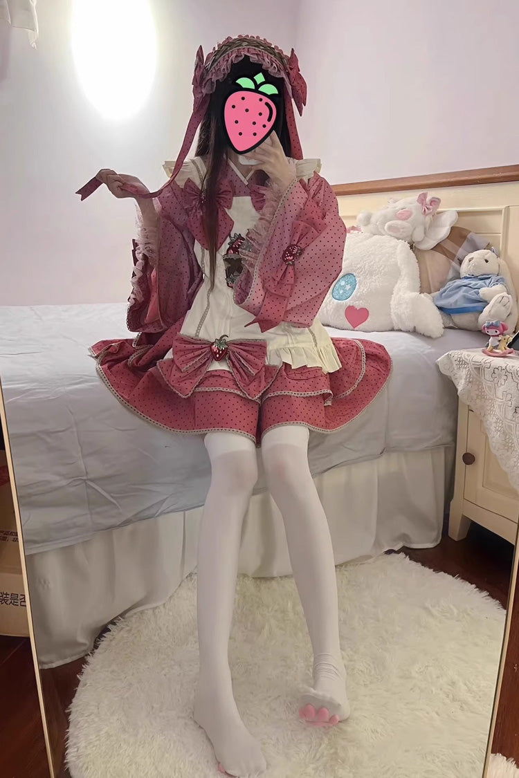 Pink Multi-layer Strawberry Polka Dot Print Bowknot Princess Sweet Lolita Skirt Set - Product - 2