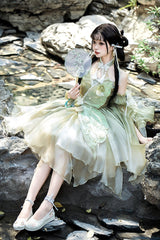 Green Halterneck Sleeveless Bowknot Lace Irregular Sweet Chinese Style Lolita Jsk Dress - Product - 10
