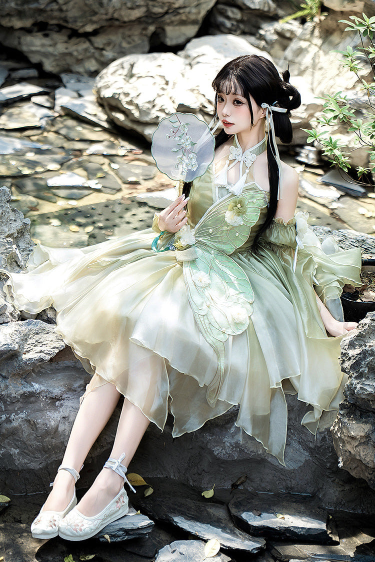 Green Halterneck Sleeveless Bowknot Lace Irregular Sweet Chinese Style Lolita Jsk Dress - Product - 10