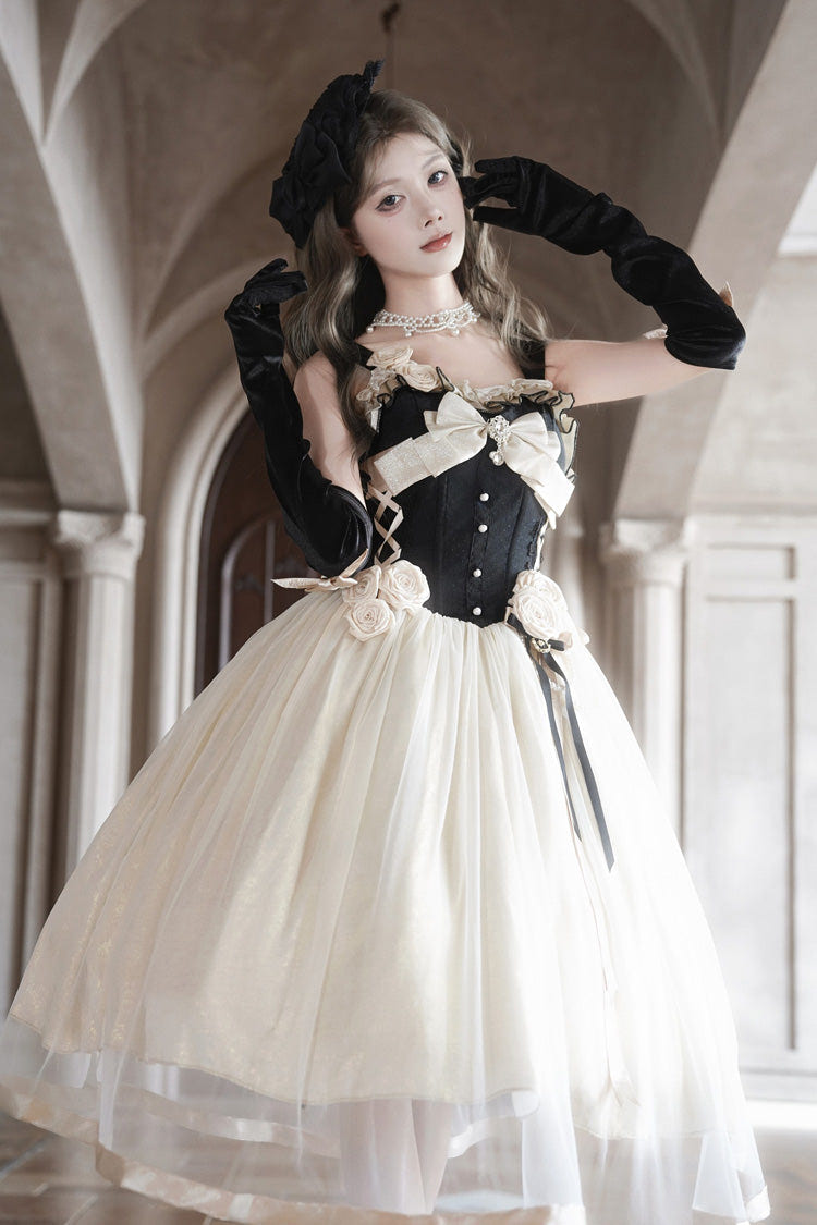 Black/White [Paris Souvenir] Sleeveless Ruffled Bow Lace-Up Fishbone Pearl-Decorated Classic Elegant Lolita Jsk Dress - Product - 2