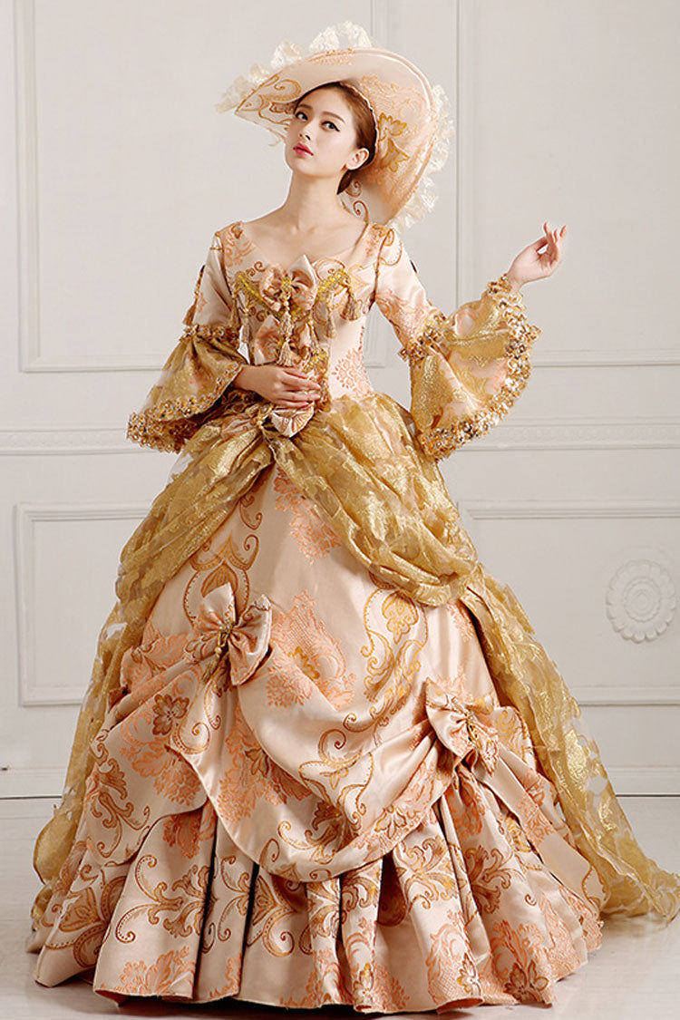 Beige/Golden Trumpet Sleeves High Waisted Embroidery Print Bowknot Multi-Layer Victorian Lolita Prom Dress - Product - 2