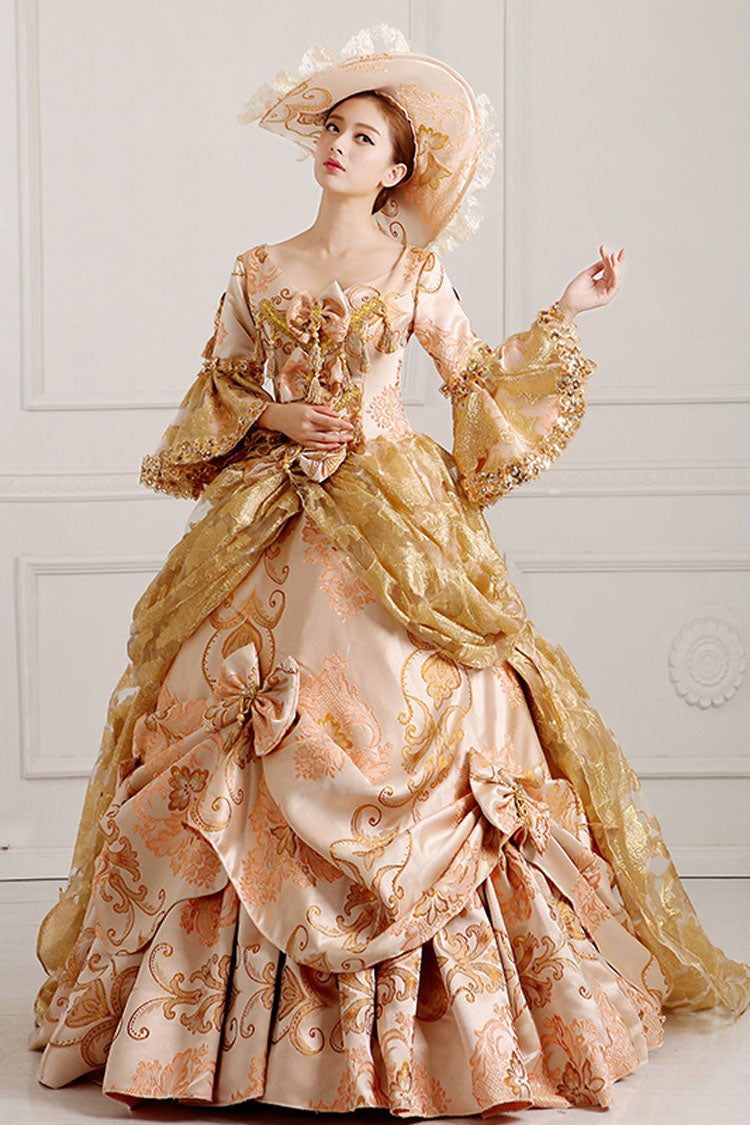 Beige/Golden Trumpet Sleeves High Waisted Embroidery Print Bowknot Multi-Layer Victorian Lolita Prom Dress - Product - 2