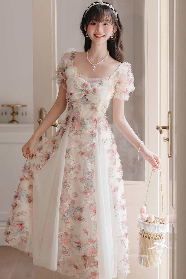 White Floral Pattern Square Collar Short Puff Sleeves Ruffled Open-Front Spliced Sweet Lolita Dress - Product - 7