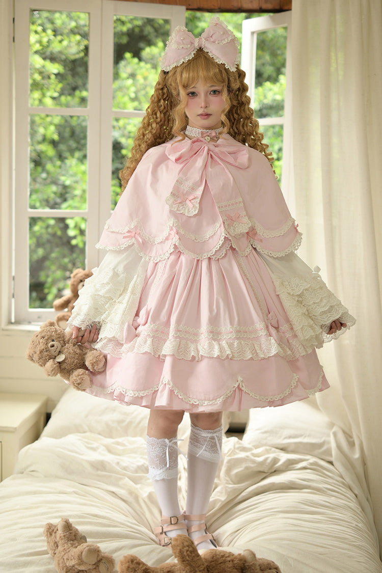 Pink [Petal Bunny] Cotton Square Collar Short Sleeves Double-Layered Ruffled Bow Lace Lace-Up Sweet Lolita Dress - Product - 8