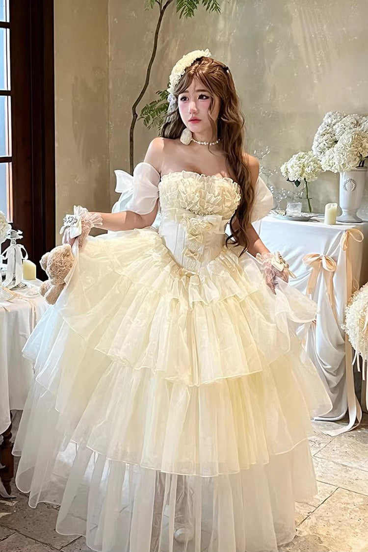 Off White [Mousse Love Song] Sleeveless Multi-Layered Ruffled Hanayome Bow Sweet Lolita Dress - Product - 3