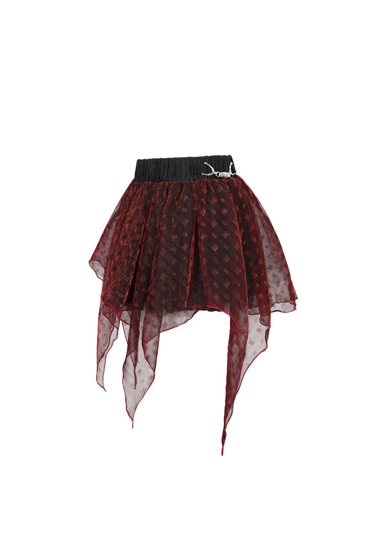 Red Bright Mesh Metal Buckle Decoration Playful And Cute Tutu Short Women's Punk Skirt - Product - 8