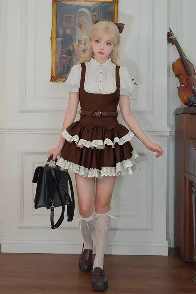 Brown Coco Love Letter Double-Layered Ruffle Lace Sweet College Style Lolita Skirt Set - Product - 2