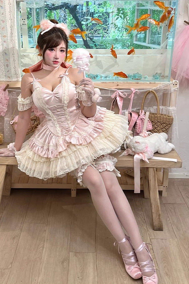 Pink [Ballet Cat] Multi-Layered Ruffle Bowknot Lace Sweet Ballet Lolita Jsk Dress - Product - 7