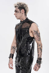 Black Spliced Mesh Studded Buckled Zippered Chain-Decorated Eyelet Men's Punk Cool Vest - Product - 10
