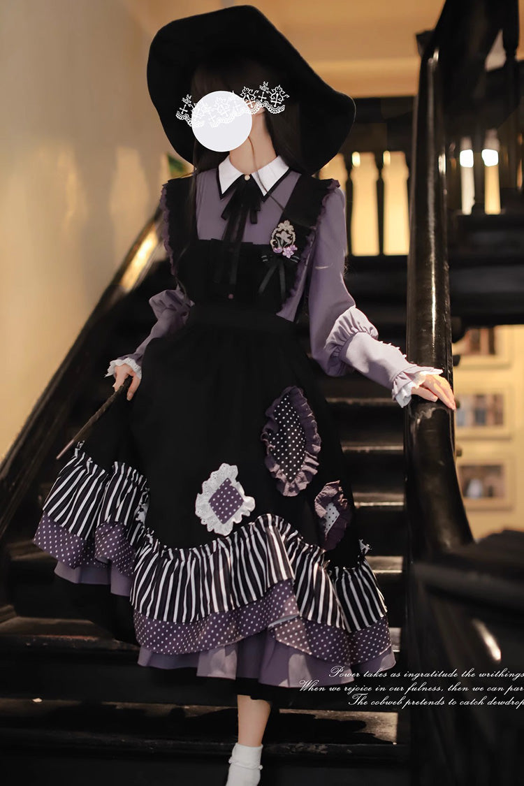 Black [Witch Academy] Double-Layered Stripe Print Ruffle Bowknot Irregular Sweet Lolita Jumper Dress - Product - 8