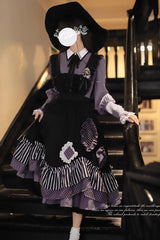 Black [Witch Academy] Double-Layered Stripe Print Ruffle Bowknot Irregular Sweet Lolita Jumper Dress - Product - 8