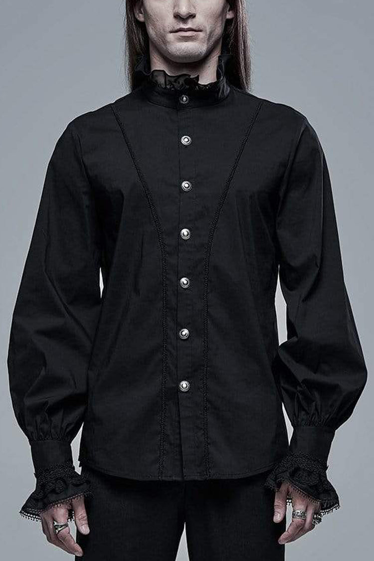 Black Stand Collar Long Sleeves Metal Button Lace Mens Gothic Blouse - Black - 1