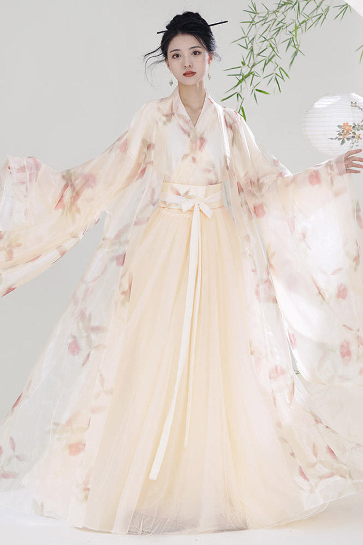 Orange V Collar High Waisted Print Sweet Chinese Style Hanfu Dress Full Set - Product - 3