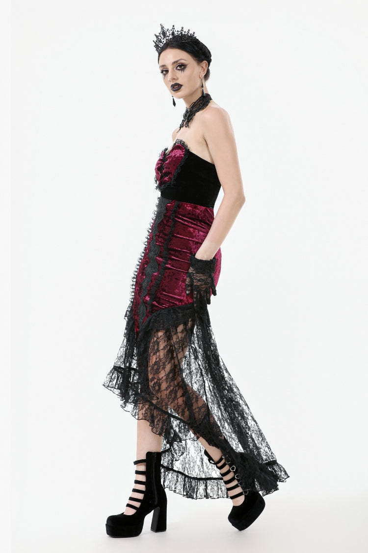 Black/Red Embroidered Velvet Spliced Lace Lace-Up Women's Gothic High/Low Maxi Skirt - Product - 2