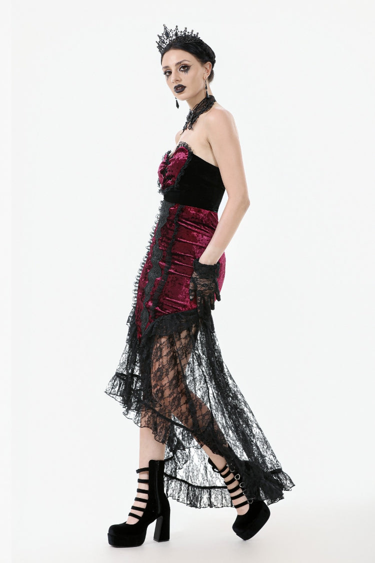 Black/Red Embroidered Velvet Spliced Lace Lace-Up Women's Gothic High/Low Maxi Skirt - Product - 2
