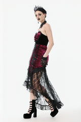 Black/Red Embroidered Velvet Spliced Lace Lace-Up Women's Gothic High/Low Maxi Skirt - Product - 2