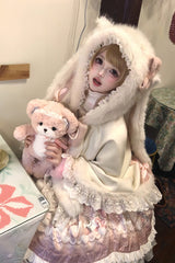Ivory Cloud-Like Plush Bunny Ear Embroidered Bow Lace Sweet Lolita Cape Coat - Product - 6