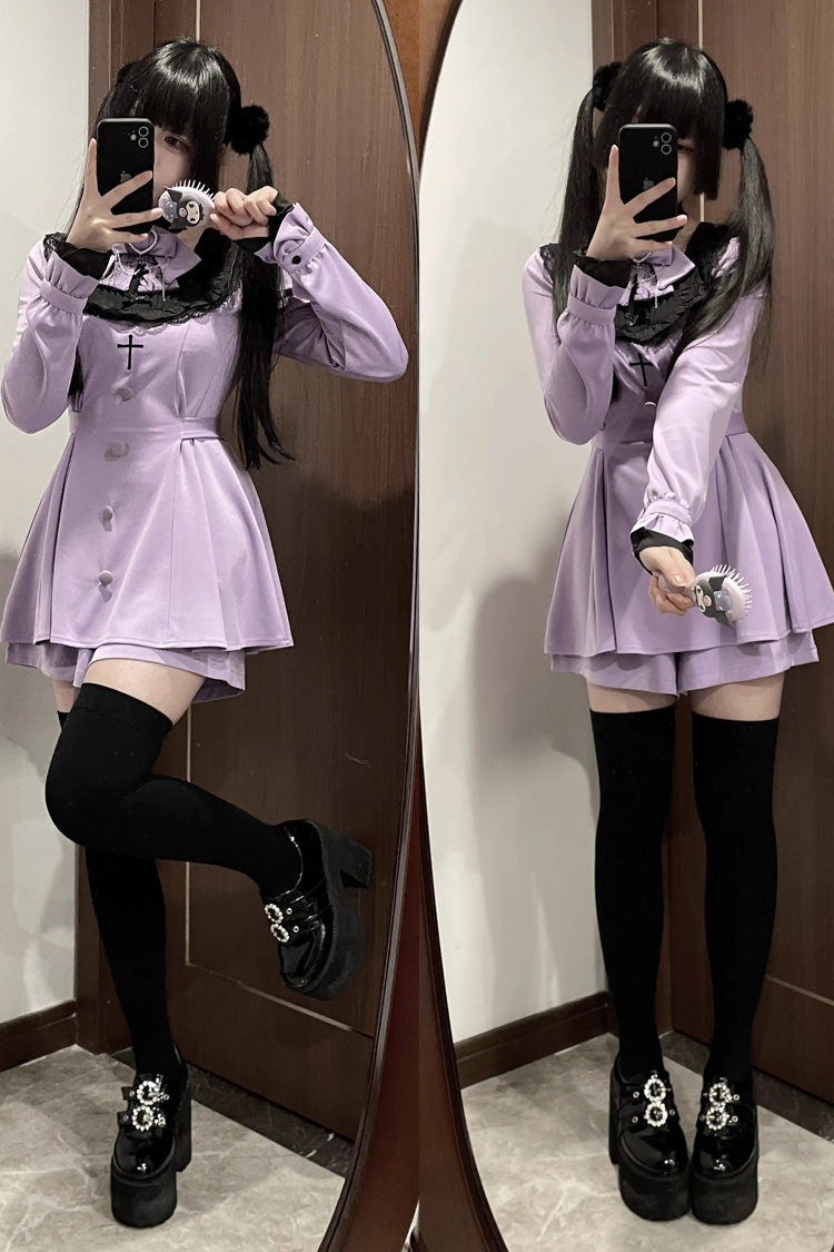 Stairway to Heaven Long Sleeves Embroidery Bowknot Lace Sweet Jirai Kei Set 3 Colors - Purple - 8