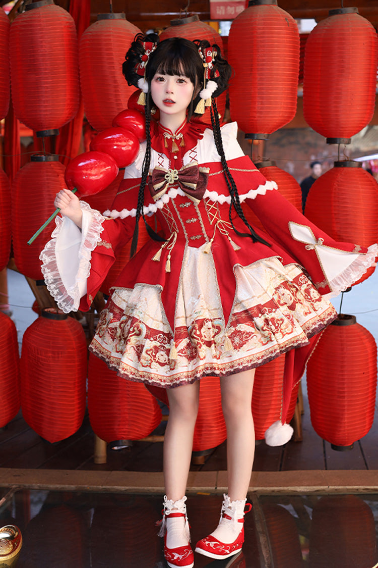 Red [New Year] Print Ruffle Bowknot Lace-Up Sweet Chinese Style Lolita Jsk Dress - Product - 13