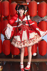 Red [New Year] Print Ruffle Bowknot Lace-Up Sweet Chinese Style Lolita Jsk Dress - Product - 13