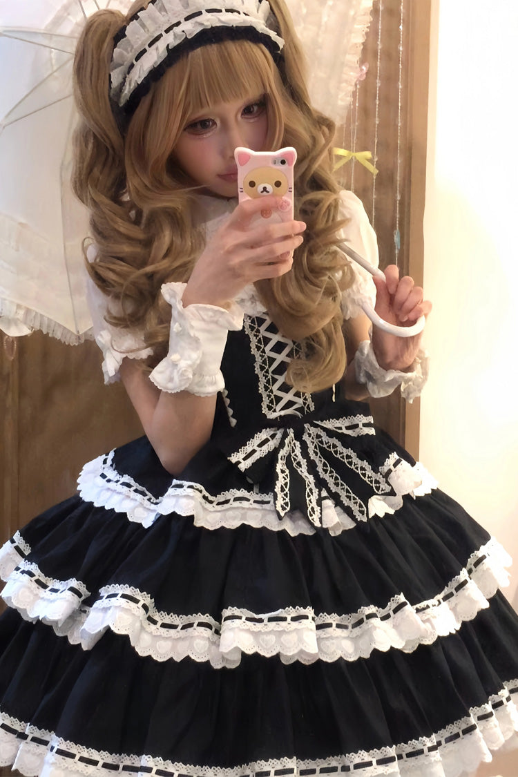 Black [Maiden Heart] Triple-Layered Ruffle Bowknot Lace Sweet Lolita Jsk Dress - Product - 5