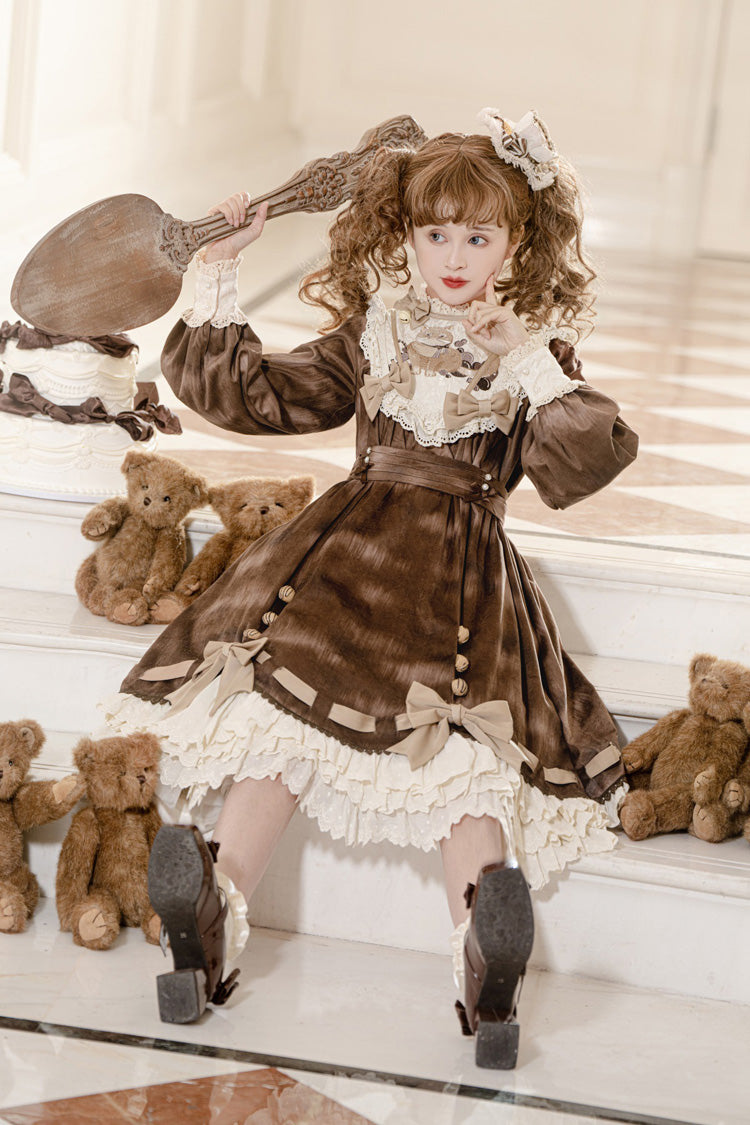 Brown [Chocolate Cat] Print Long Sleeves Ruffle Bowknot Sweet Lolita Dress - Product - 4
