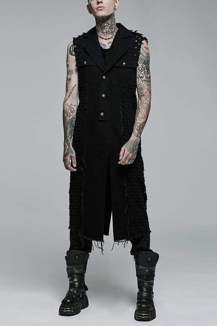 Black V Collar Sleeveless Ripped Mens Steampunk Long Vest - Black - 1