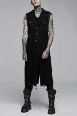 Black V Collar Sleeveless Ripped Mens Steampunk Long Vest - Black - 1