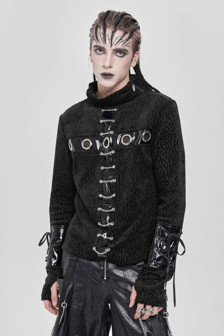 Black Stand Collar Long Sleeves Faux Leather Stitching Chain Eyelet Men's Punk Blouse - Black - 1