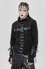 Black Stand Collar Long Sleeves Faux Leather Stitching Chain Eyelet Men's Punk Blouse - Black - 1