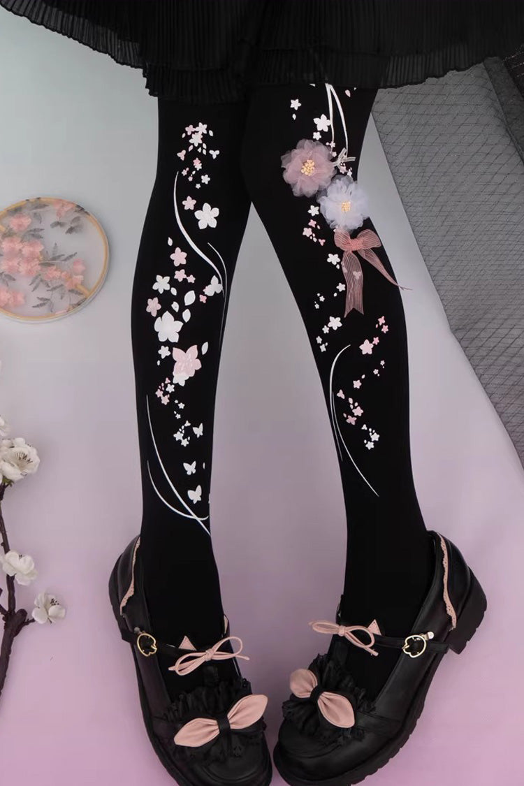 [Peach Blossom Fragrance] Printed Sweet Chinese Style Gorgeous Lolita Tights 4 Colors - Black - 1
