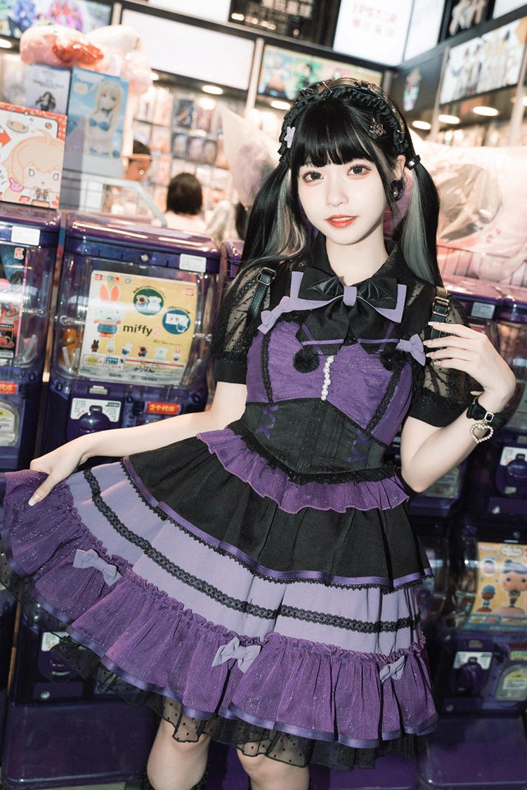 Black/Purple [Cotton Cloud] Lapel Collar Ruffle Bowknot Lace-Up Gothic Lolita Jsk Dress - Product - 2