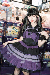 Black/Purple [Cotton Cloud] Lapel Collar Ruffle Bowknot Lace-Up Gothic Lolita Jsk Dress - Product - 2