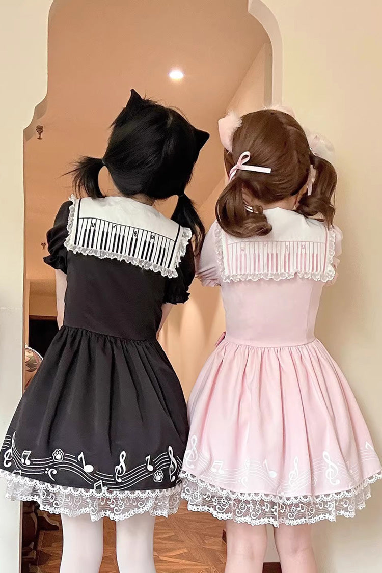 Black [Melody Kitty] Doll Collar Short Sleeves Ruffled Embroidered Bow Lace Sweet Lolita Dress - Product - 5