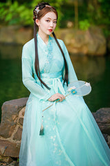 Green Fairy Airy Spring Flower Embroidery Sweet Hanfu Dress - Product - 4