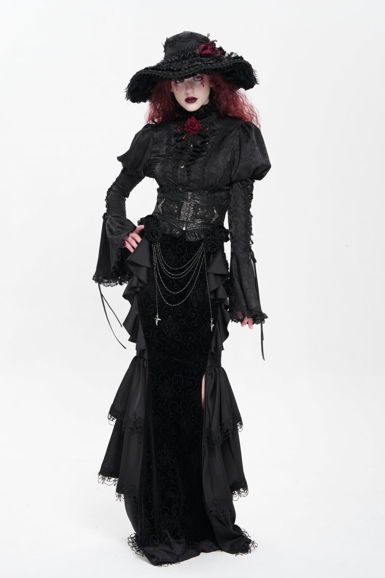 Black Floral Print Lace-Up Rose Chain Women's Gothic Fishtail Skirt - Product - 3