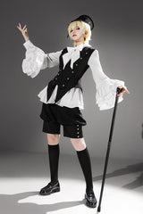 Black [Ash] Lapel Collar Long Sleeves Ruffled Bow Classic Vintage Elegant Prince Ouji Lolita Blouse Shorts Vest Set - Product - 8