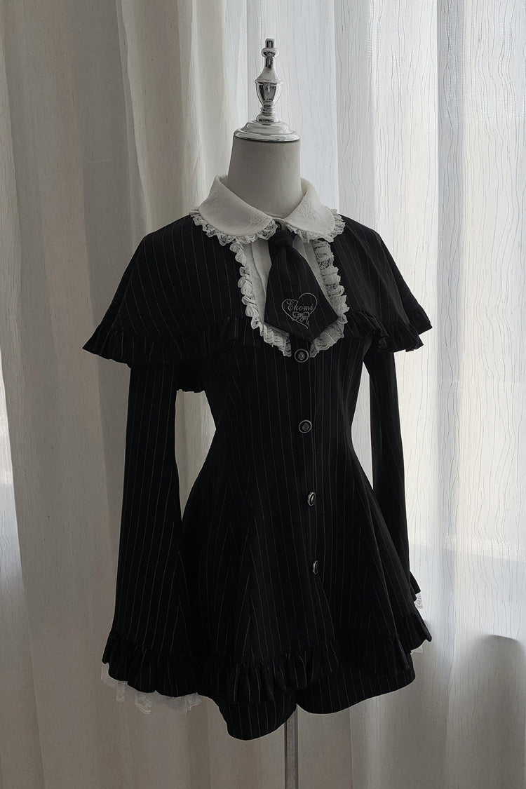 ブラック ラペルカラー ロング 姫袖 ストライプ プリント フリル 和風 ゴシック 地雷系 ワンピースセット 商品画像