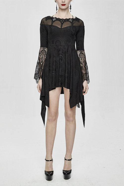 Black Horn Sleeves Off Shoulder Stretchy Knitted Sexy Lace Gothic Womens Dress - Black - 1