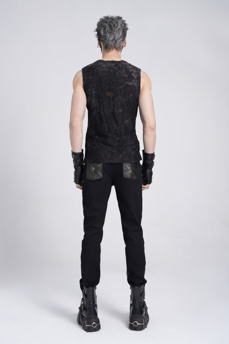Black Sleeveless Eyelet Strap Distressed Men's Gothic Vest - Product - 6