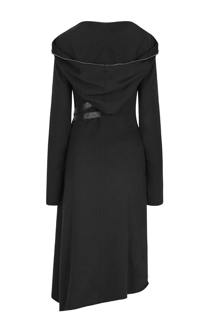 Black Long Sleeves Hooded Asymmetric Women's Gothic Military Coat With Belt - Product - 8