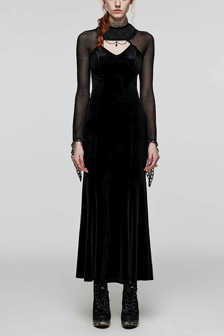 Black Long Sleeves Hollow Stitching Lace Sheer Women's Gothic Gorgeous Dress - Black - 1