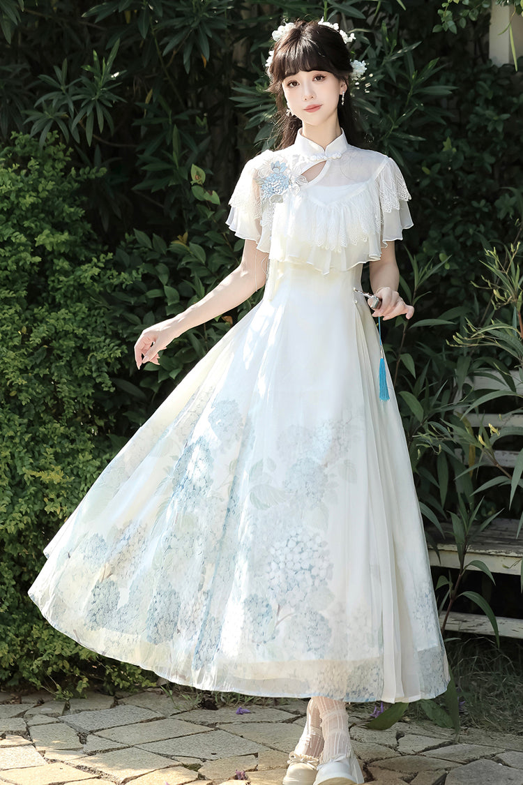 White [Hydrangea Message] Short Sleeves Print Ruffle Lace Sweet Chinese Style Elegant Lolita Dress - Product - 5
