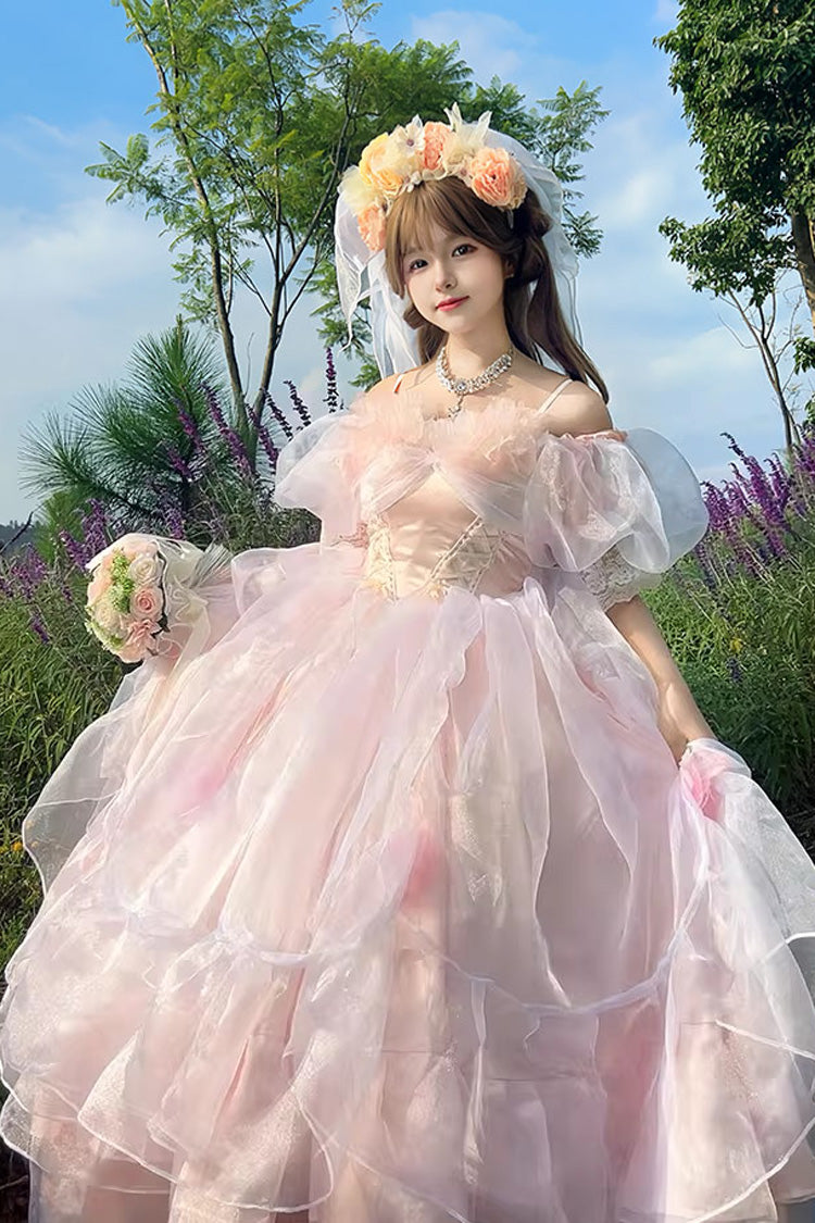 Pink Off Shoulder Short Sleeves Multi-Layered Ruffle Hanayome Bowknot Lace Sweet Plus Size Lolita Dress - Pink - 1