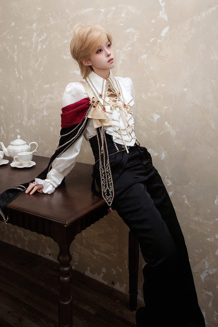 Black/White [Oath Knight] Lapel Collar Long Sleeves Ruffled Embroidered Gothic Ouji Lolita Set - Product - 6