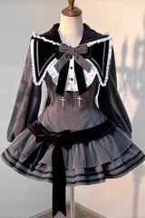Black [Bizarre Rabbit Opera] Navy Collar Long Sleeves Print Ruffle Bowknot Gothic Lolita Dress - Product - 3