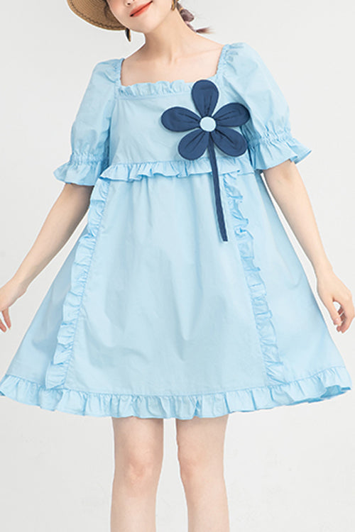 Blue Ruffled Square Collar Flower Accessory Short Sleeves Sweet Lolita Dress - Blue - 1